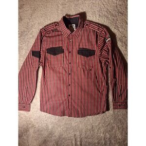 One90one Red & Black Plaid Shirt Men's Long Sleeve Button Up Patch Detail Casual